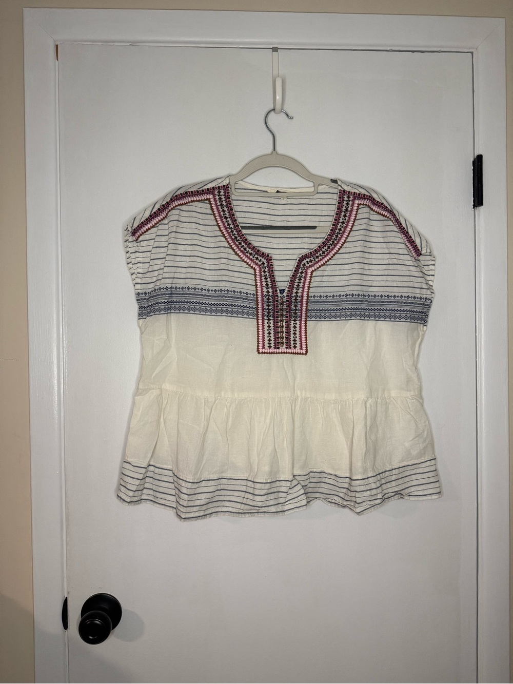 Lucky Brand White Tunic with Navy Stripes and Red Embroidery‎